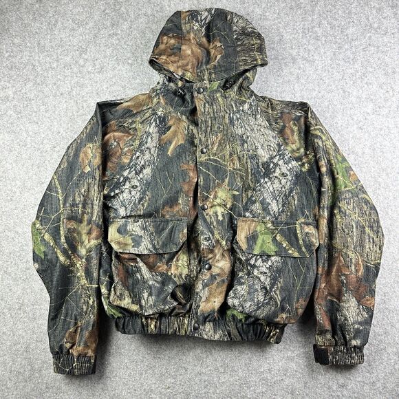 Whitewater Outdoor Camoflauge Bomber Jacket Mens L Hooded Snap Zip Gorp Hunting - Picture 1 of 16